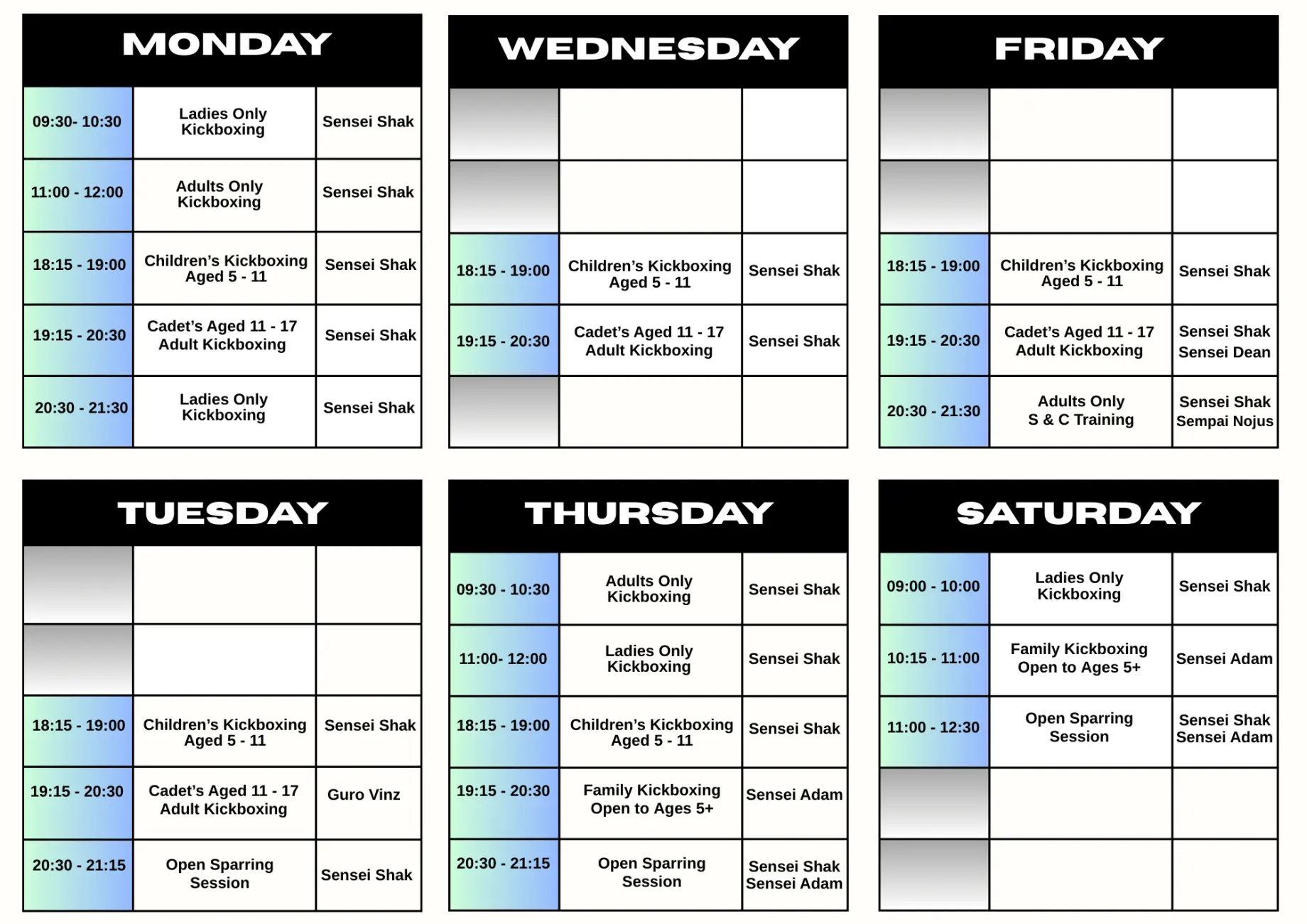 Northampton Martial arts Timetable