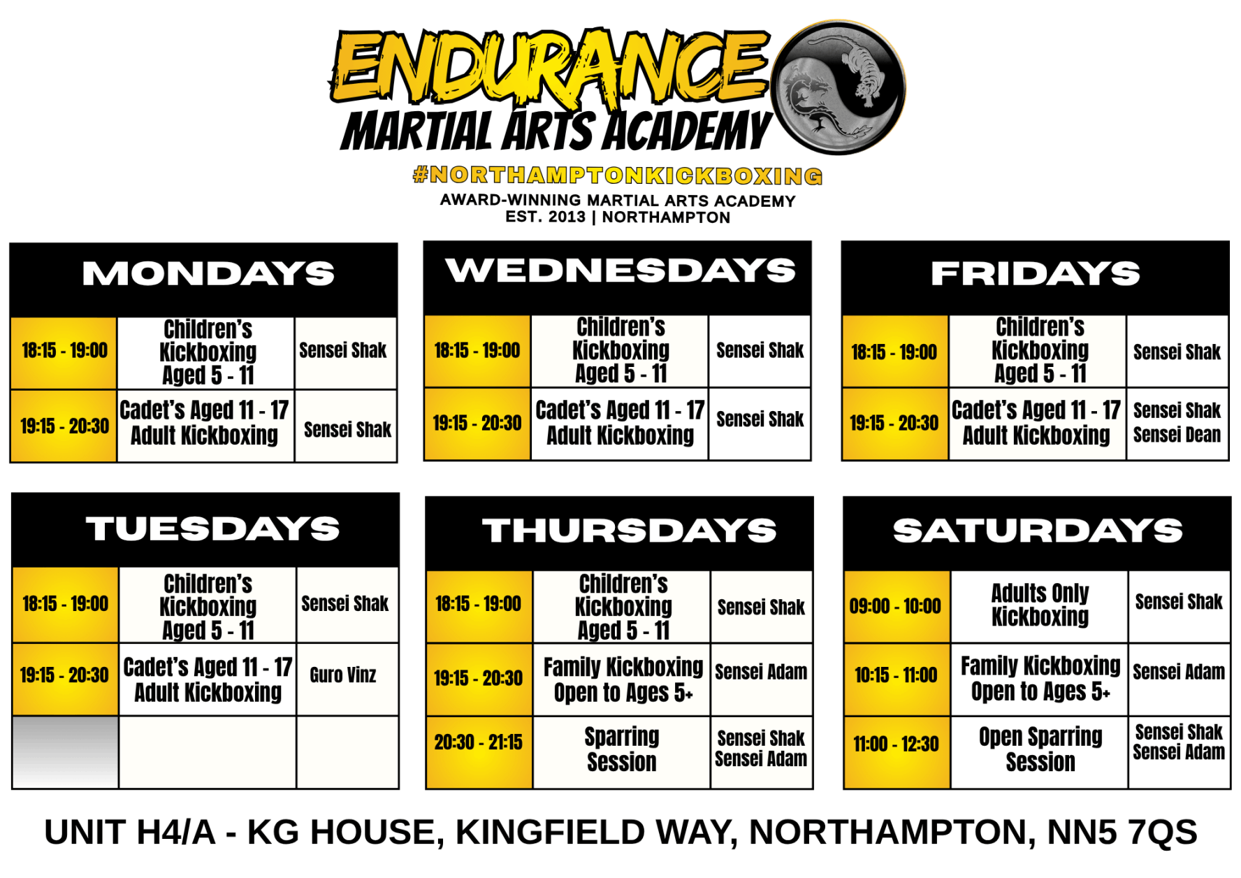 Martial Arts Timetable Kickboxing karate 