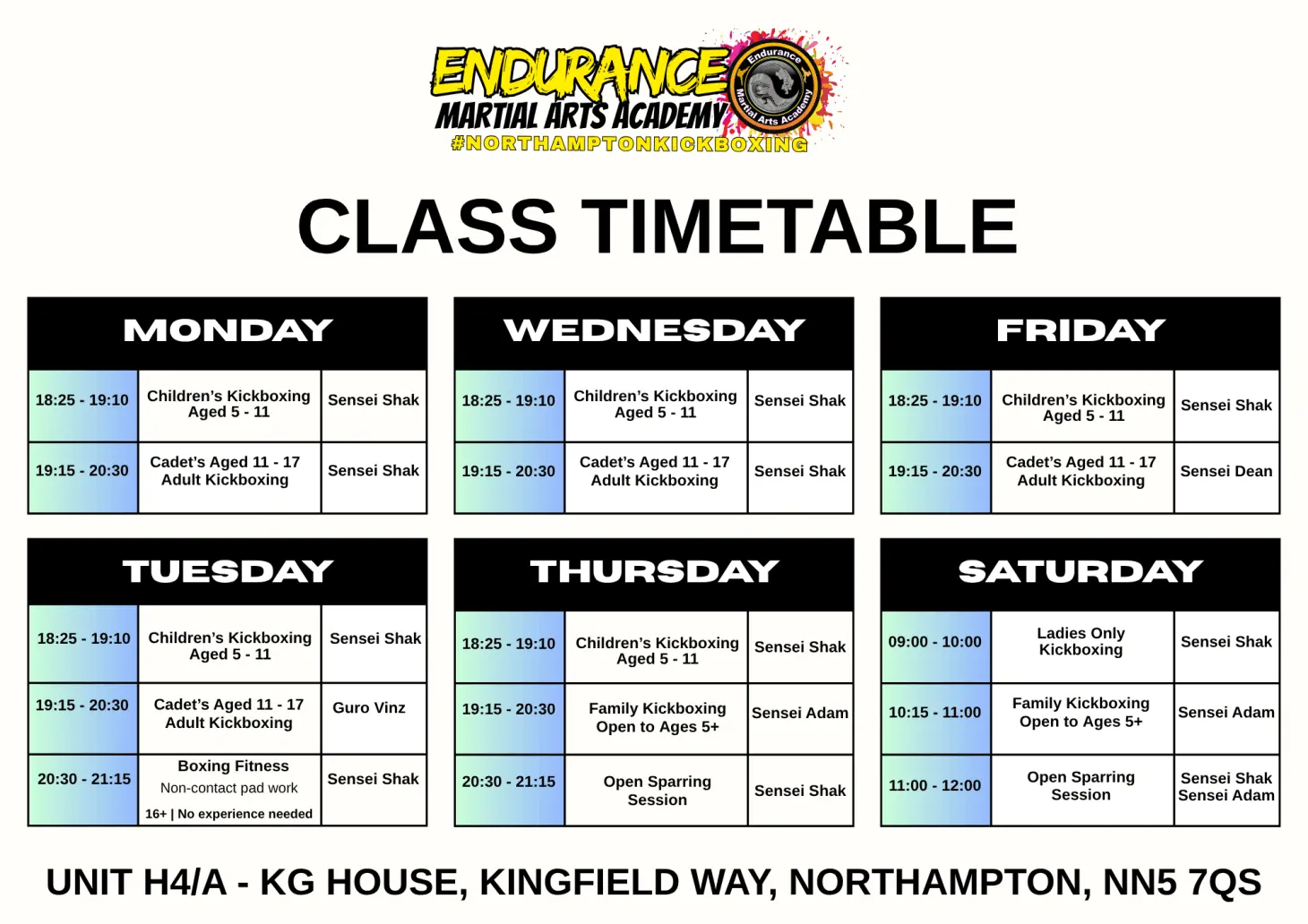 Northampton Kickboxing schedule