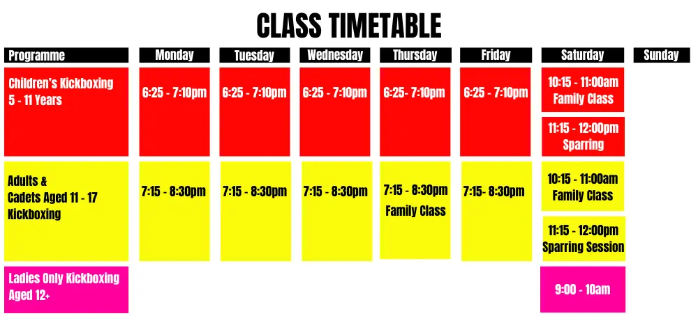 Northants Kickboxing Timetable Children